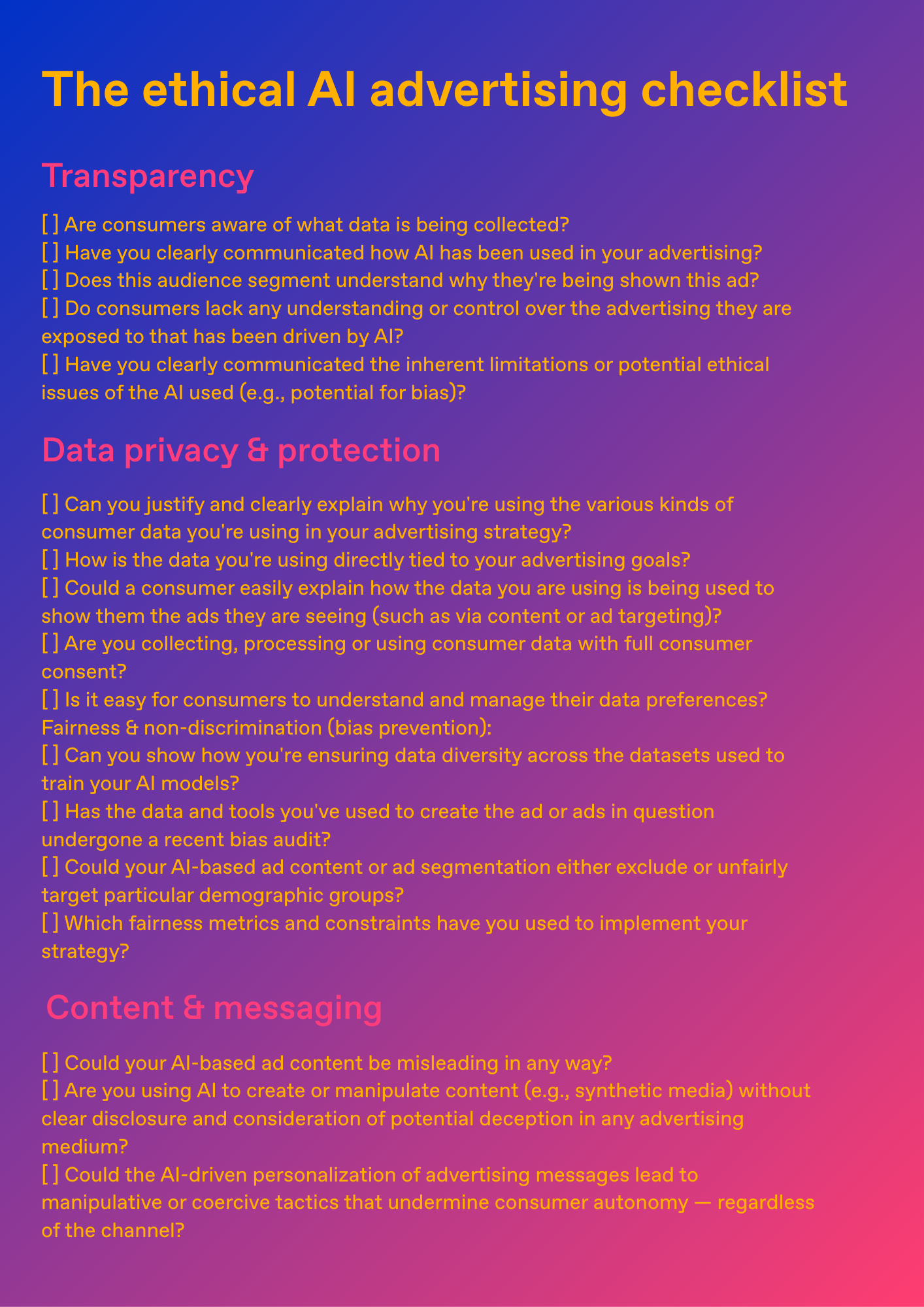 Visual of a ethical AI advertising checklist