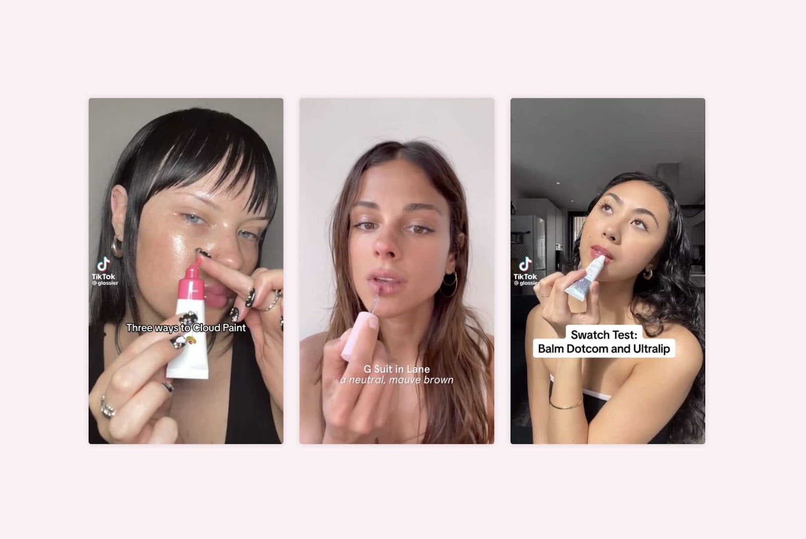 Glossier user generated content stills from across three different accounts on TikTok 