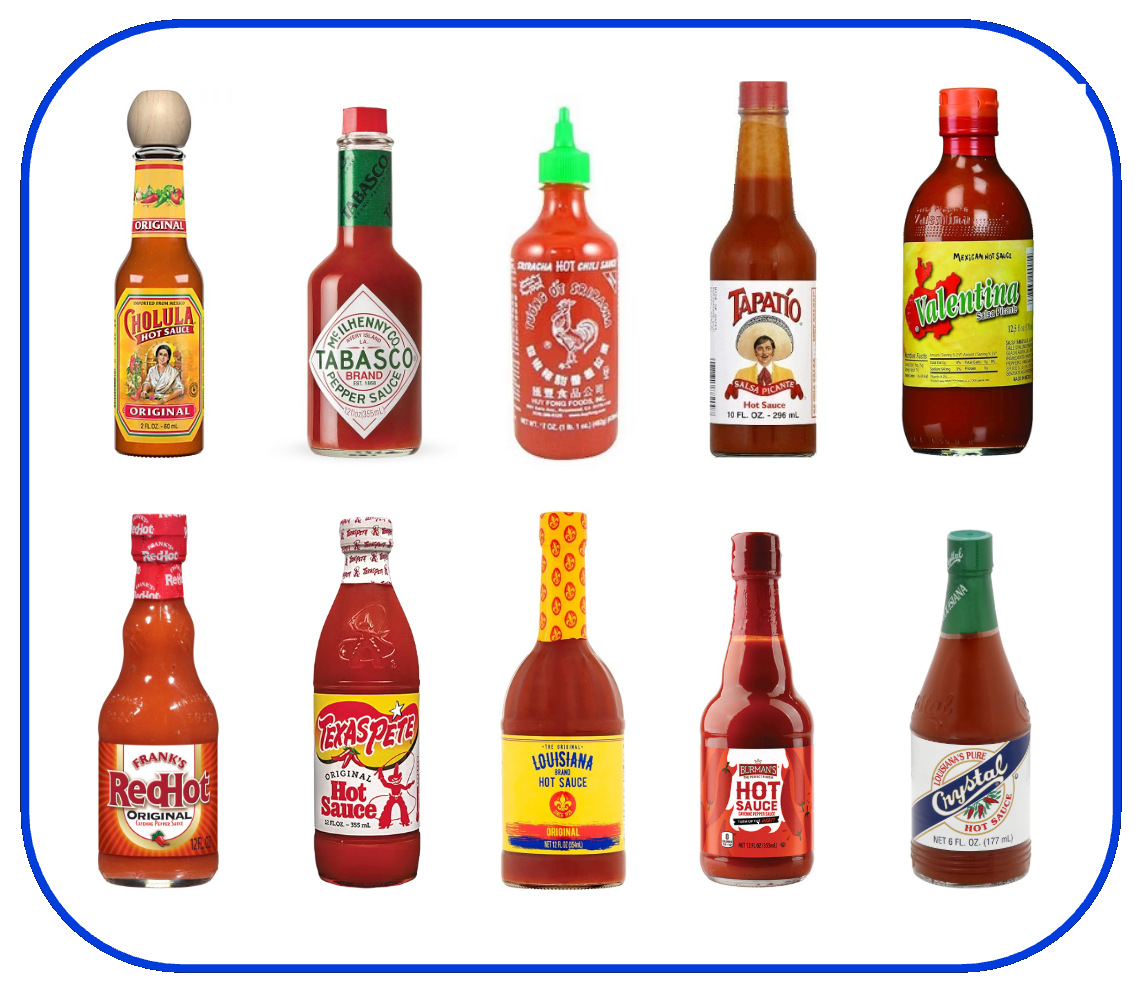 Image of all 10 US hot sauces tested on the Zappi platform to be ranked by US consumers