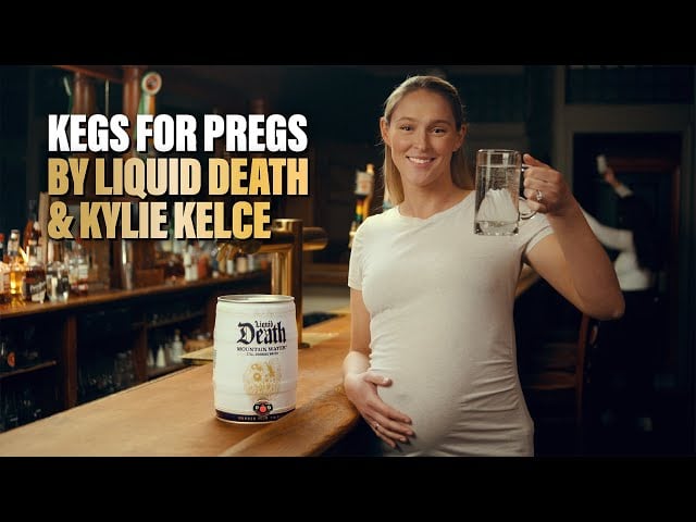 Kylie Kelce x Liquid Death campaign image at bar