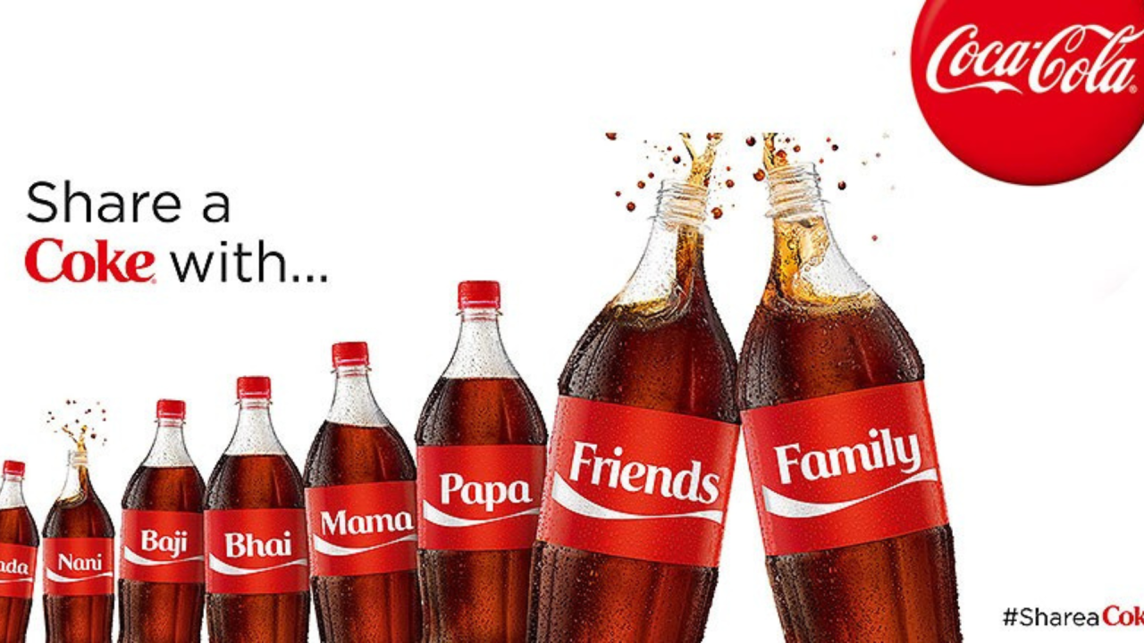 Coca-Cola’s Share a Coke campaign banner with multiple name bottles