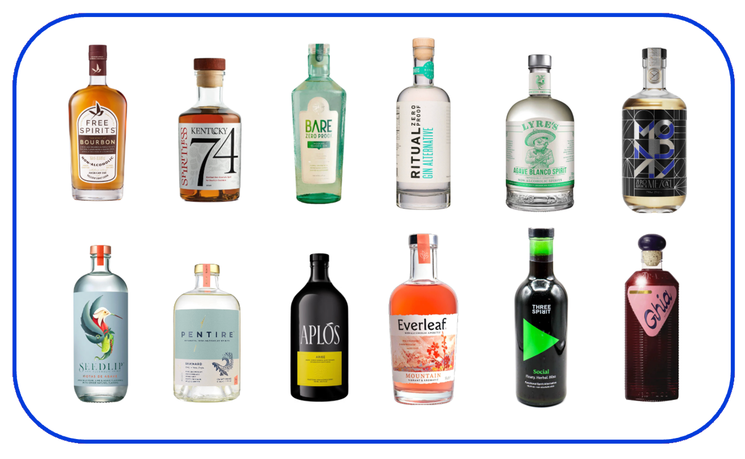 Collage of 12 non-alcoholic spirits