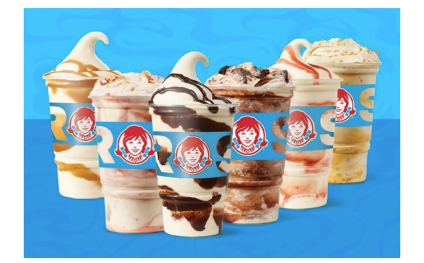 Image of new Wendy’s Frosty Swirls & Fusions in a line on a blue background